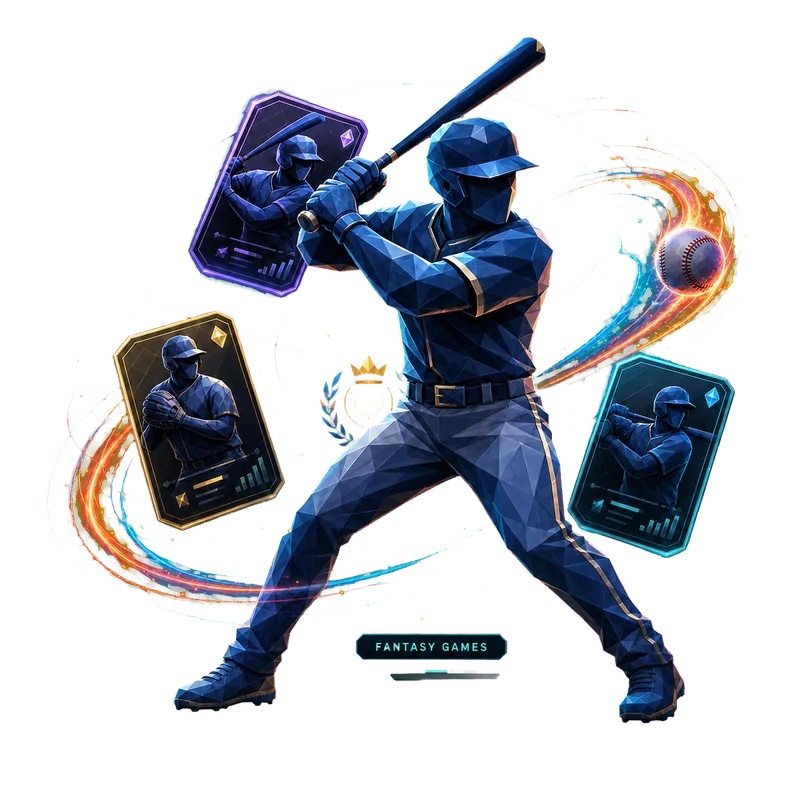 Fantasy Games: a batter connecting with a pitch, surrounded by three player cards showing home-run totals