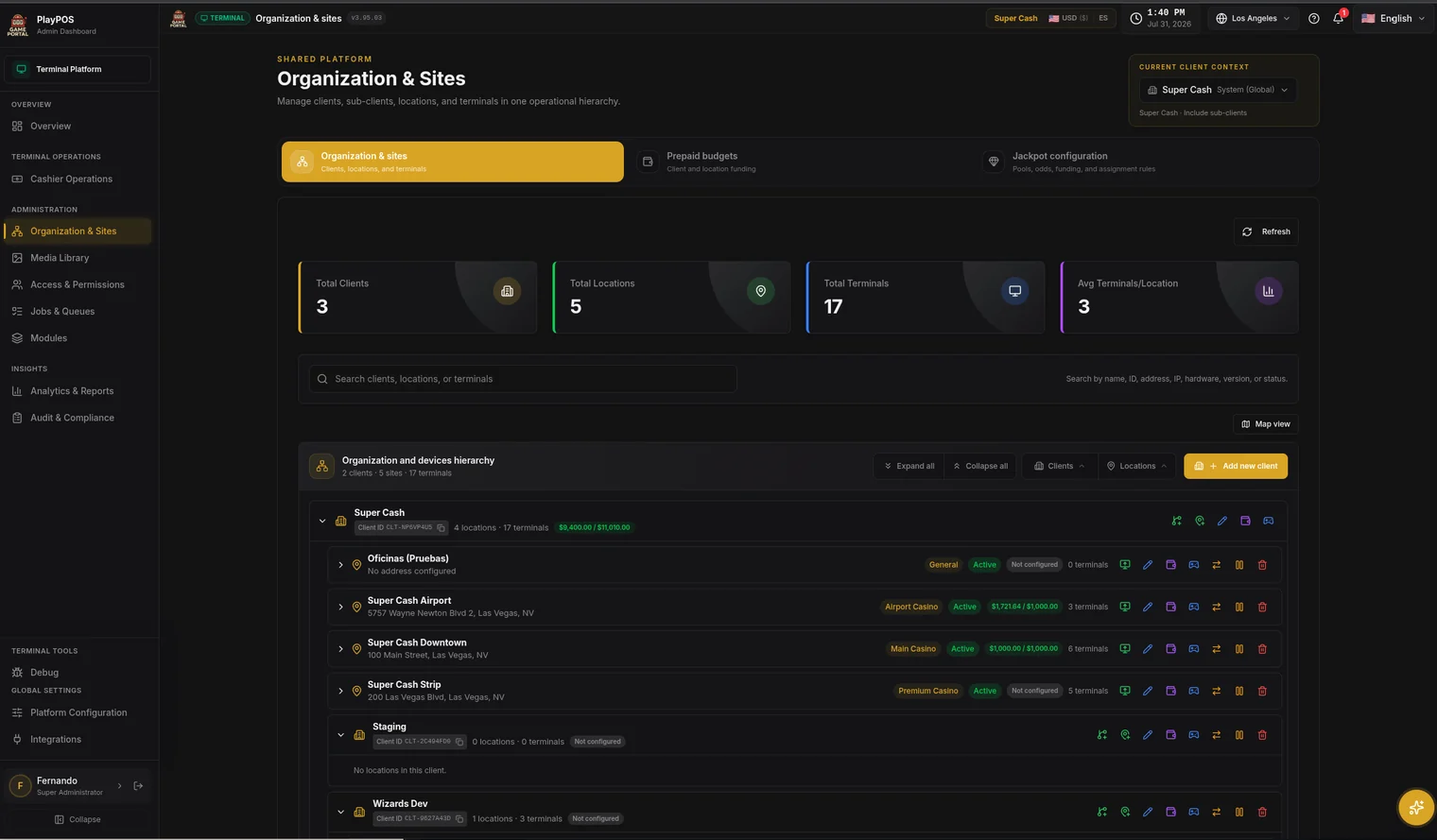 PlayPOS admin dashboard: clients, locations and terminals hierarchy